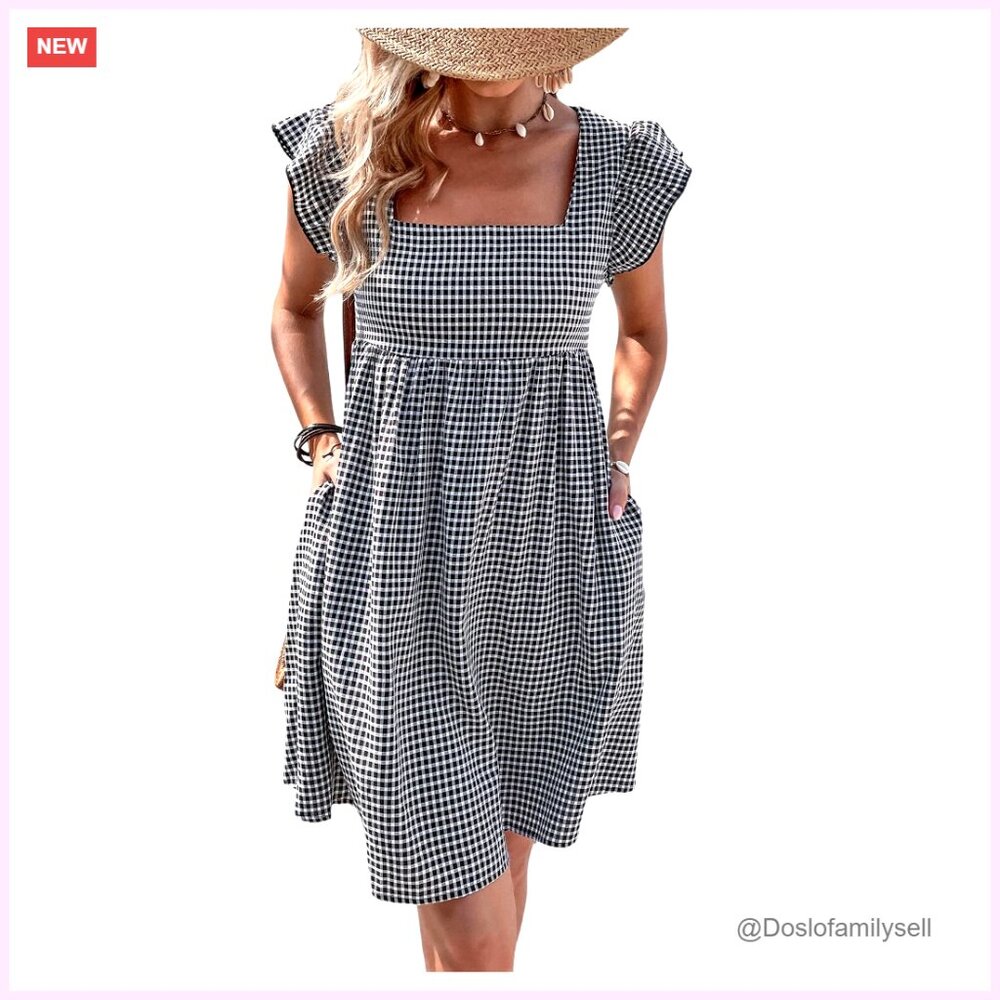 Gingham Plaid Ruffle A-Line Midi Dress Cap Sleeve Square Neck
